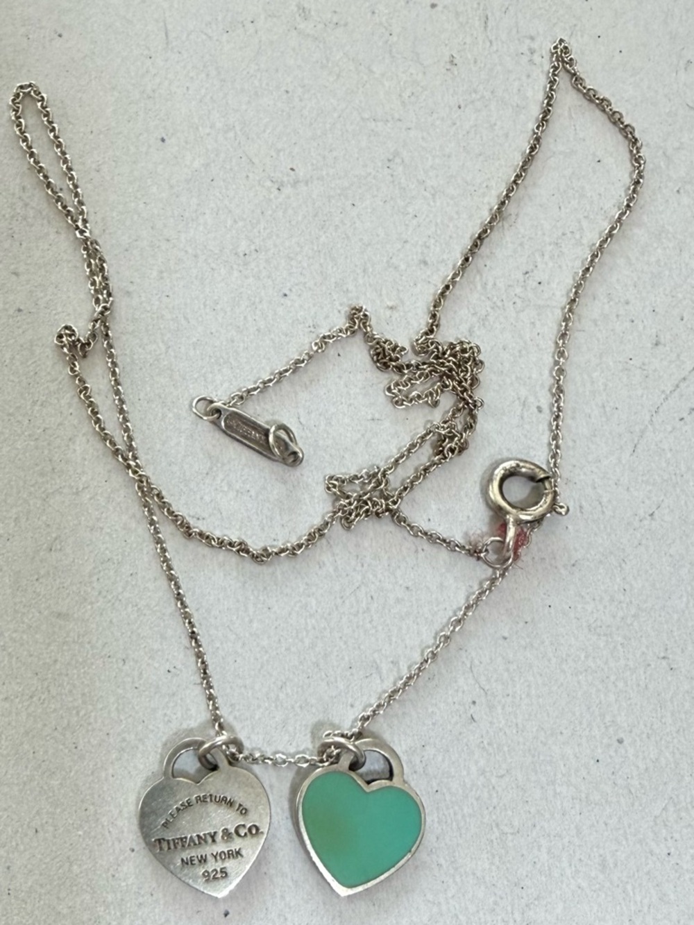 TIFFANY & CO Sterling & Aqua Enamel Dainty Return to Sender Dbl Heart Necklace